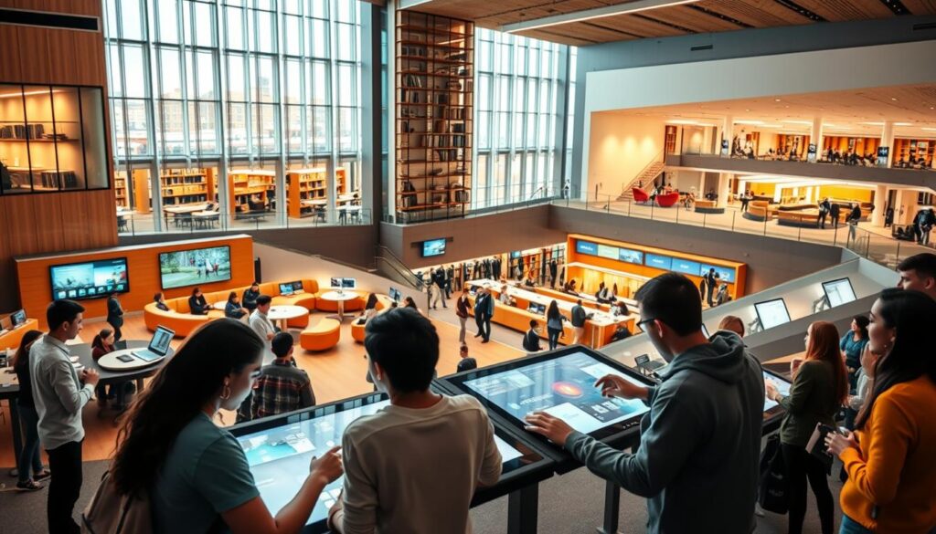 A vibrant, dynamic scene depicting the transformation of learning systems in a modern, well-equipped university campus. In the foreground, students collaborate on interactive touchscreen displays, immersed in engaging, technology-enhanced lessons. The middle ground features a diverse array of learning spaces - from cozy discussion nooks to airy, light-filled lecture halls, all designed to foster creativity and active participation. In the background, a state-of-the-art library and research labs showcase the institution's commitment to innovation and excellence in education. Warm, natural lighting casts a sense of warmth and inspiration, while sleek, contemporary architecture underscores the campus' forward-thinking approach to providing quality education.