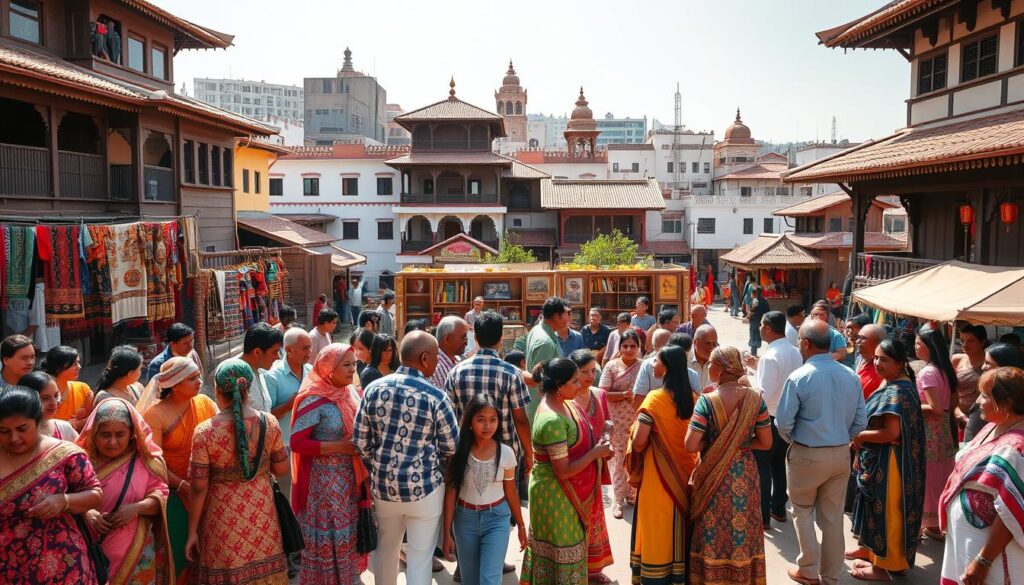 A vibrant, multicultural scene set against a backdrop of traditional architectural elements. In the foreground, a diverse group of people in colorful traditional garments engage in lively discussions and cultural exchanges. The middle ground features intricately designed textiles, handicrafts, and artwork, showcasing the rich tapestry of local traditions. In the background, a mix of modern and historic structures creates a harmonious blend of old and new. Warm, natural lighting bathes the scene, lending a sense of energy and inclusivity. The overall atmosphere conveys a spirit of unity, celebration, and appreciation for the region's cultural diversity.