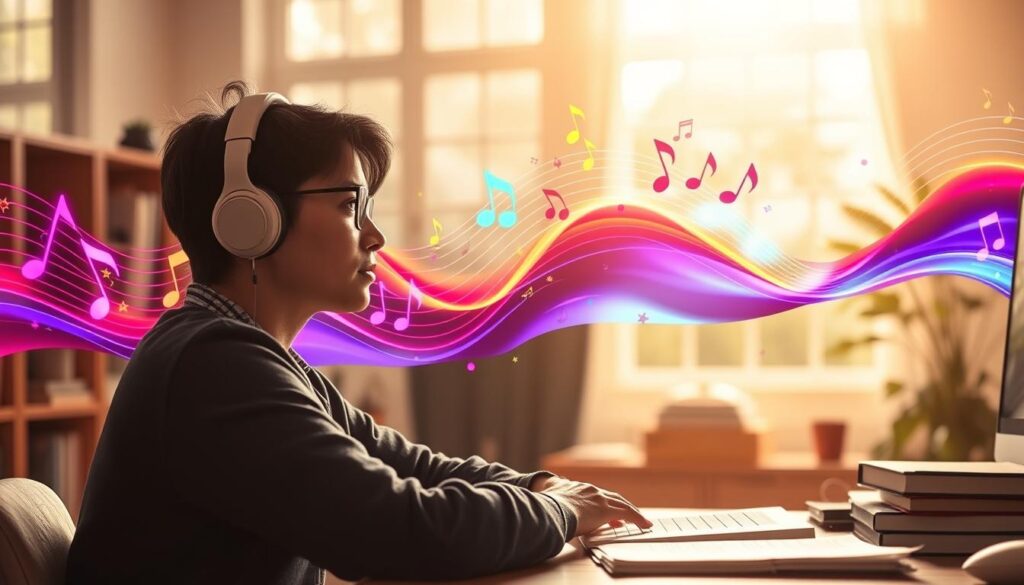 A vibrant, uplifting scene depicting the benefits of music on mood and motivation. In the foreground, a person seated at a desk, immersed in their studies, with a pair of headphones on and a serene expression. The middle ground showcases a dynamic display of colorful musical notes and waveforms, symbolizing the energizing and mood-elevating effects of music. The background features a warm, sunlit environment, with soft lighting filtering through windows, creating a tranquil and inspiring atmosphere. The composition conveys a sense of focus, creativity, and enhanced productivity through the synergistic relationship between music and cognitive performance.