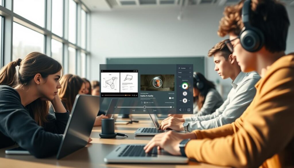 A visually engaging digital learning environment with a sleek, modern aesthetic. In the foreground, a group of students intently focused on their laptops, immersed in an interactive audio-based tutorial. The middle ground features a clean, minimalist interface showcasing various educational multimedia elements - animated diagrams, video player, and audio controls. The background depicts a bright, airy classroom with large windows, conveying a sense of openness and innovation. Soft, directional lighting creates depth and highlights the collaborative, tech-savvy atmosphere. The overall scene embodies the potential of audio-based practical tutorials to enhance digital education and foster student engagement.