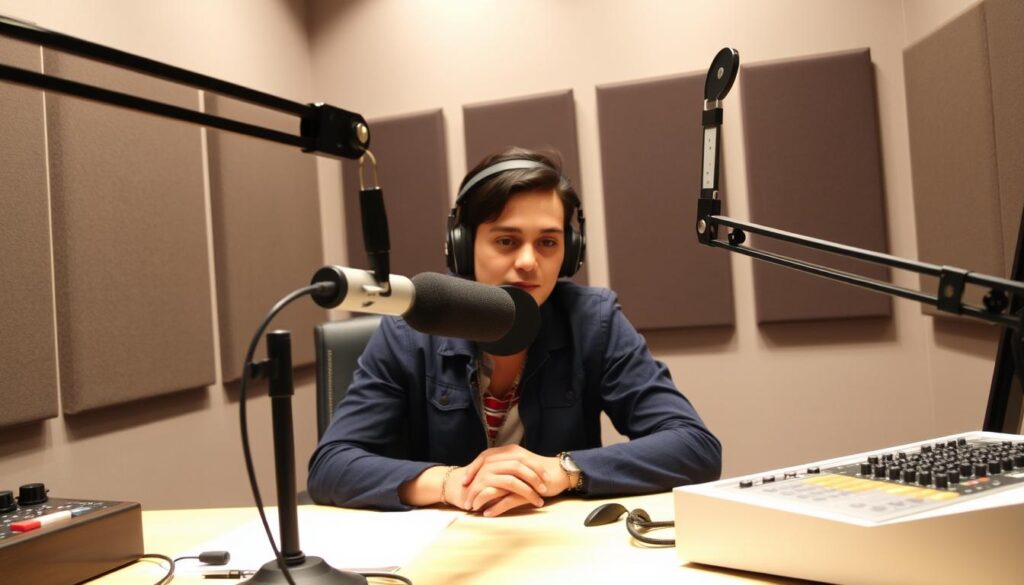 A well-equipped studio with a professional-grade microphone and sound mixer. The talent is seated at a desk, intently focused on the task at hand, their face illuminated by soft, diffused lighting. In the background, a soundproofed wall with acoustic panels creates an optimal recording environment. The scene conveys a sense of concentration and dedication, reflecting the care and attention required to produce a high-quality podcast.