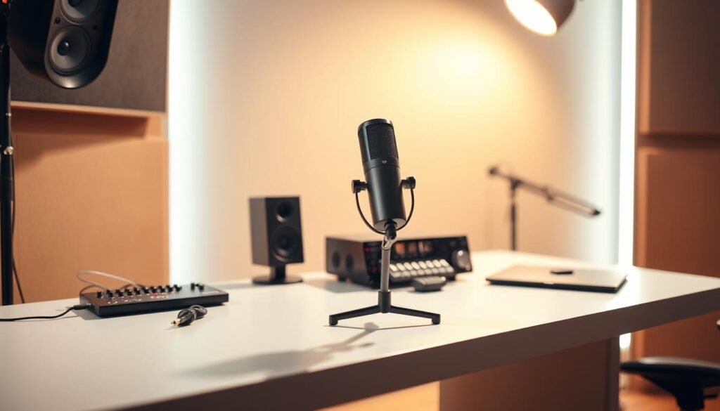 A well-lit studio setup with a high-quality microphone and audio equipment arranged neatly on a sleek, minimalist desk. The microphone is positioned centrally, casting a subtle shadow on the desk's surface. The background features a softly blurred, muted color palette, drawing the viewer's attention to the audio gear in the foreground. Warm, diffused lighting illuminates the scene, creating a professional, inviting atmosphere suitable for producing top-notch audio content.