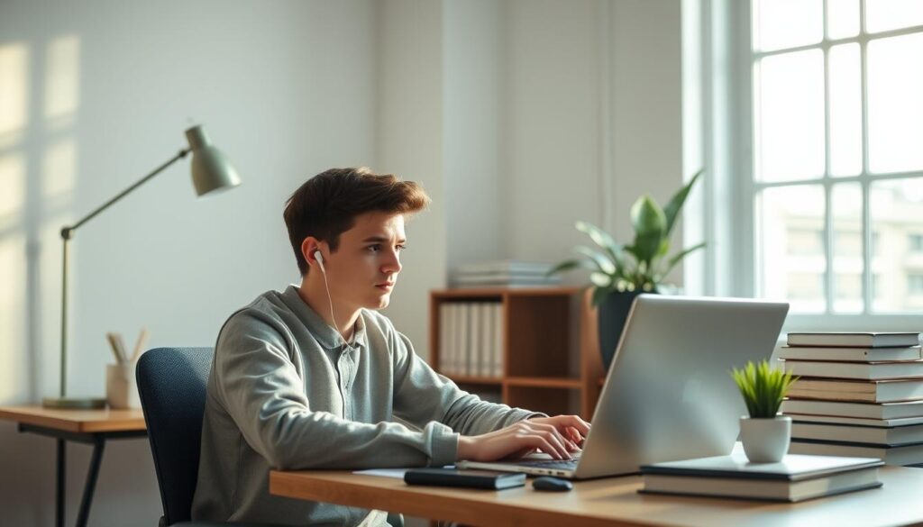 A young student sitting at a desk, earbuds in, intently focused on a laptop screen, surrounded by a minimalist workspace with a stylish desk lamp, potted plant, and a stack of books. The room is bathed in soft, natural lighting filtering through large windows, creating a serene and productive atmosphere. The student's expression conveys a sense of immersion, as if deeply engaged in a podcast providing valuable insights to optimize their daily routine. The overall scene reflects the seamless integration of podcast listening into a structured, efficient daily workflow.