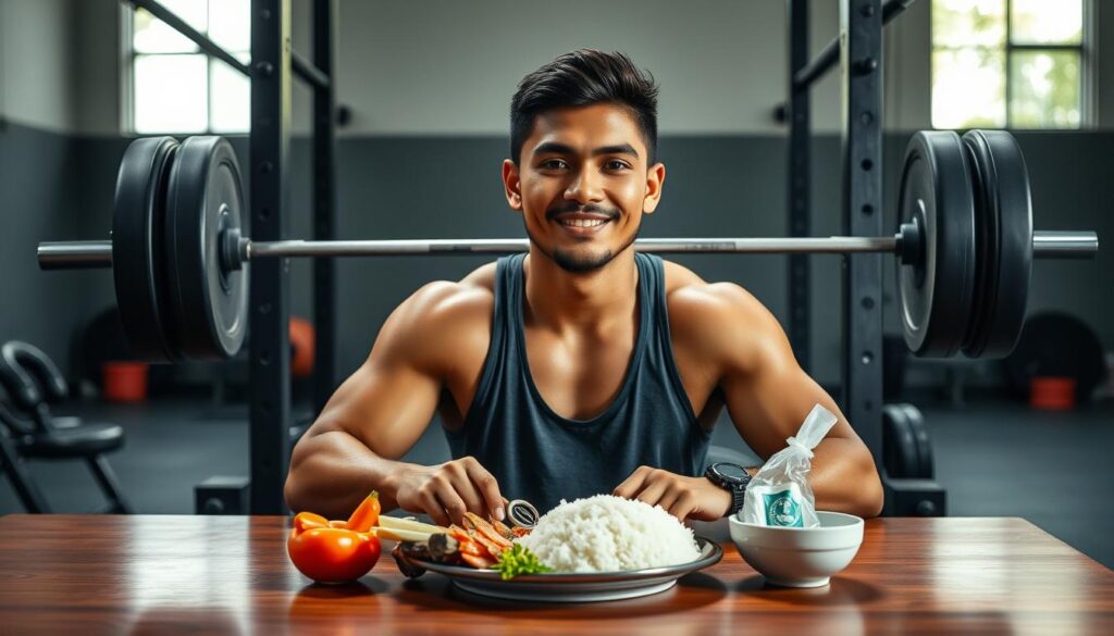 Atlet Indonesia Eko Yuli Irawan dengan makanan seimbang untuk meningkatkan performa olahraga