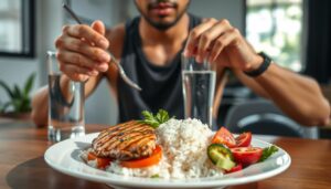 Atlet sedang makan makanan seimbang sebelum berolahraga