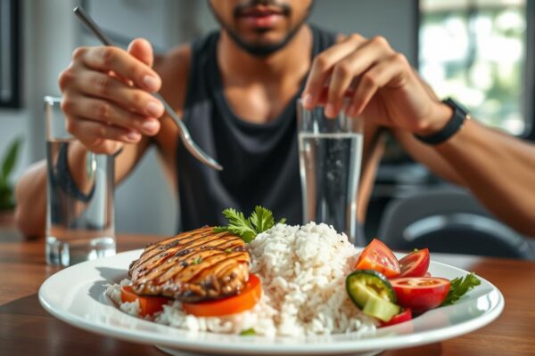 Strategi Meningkatkan Performa Olahraga dengan Pola Makan Seimbang Atlet sedang makan makanan seimbang sebelum berolahraga
