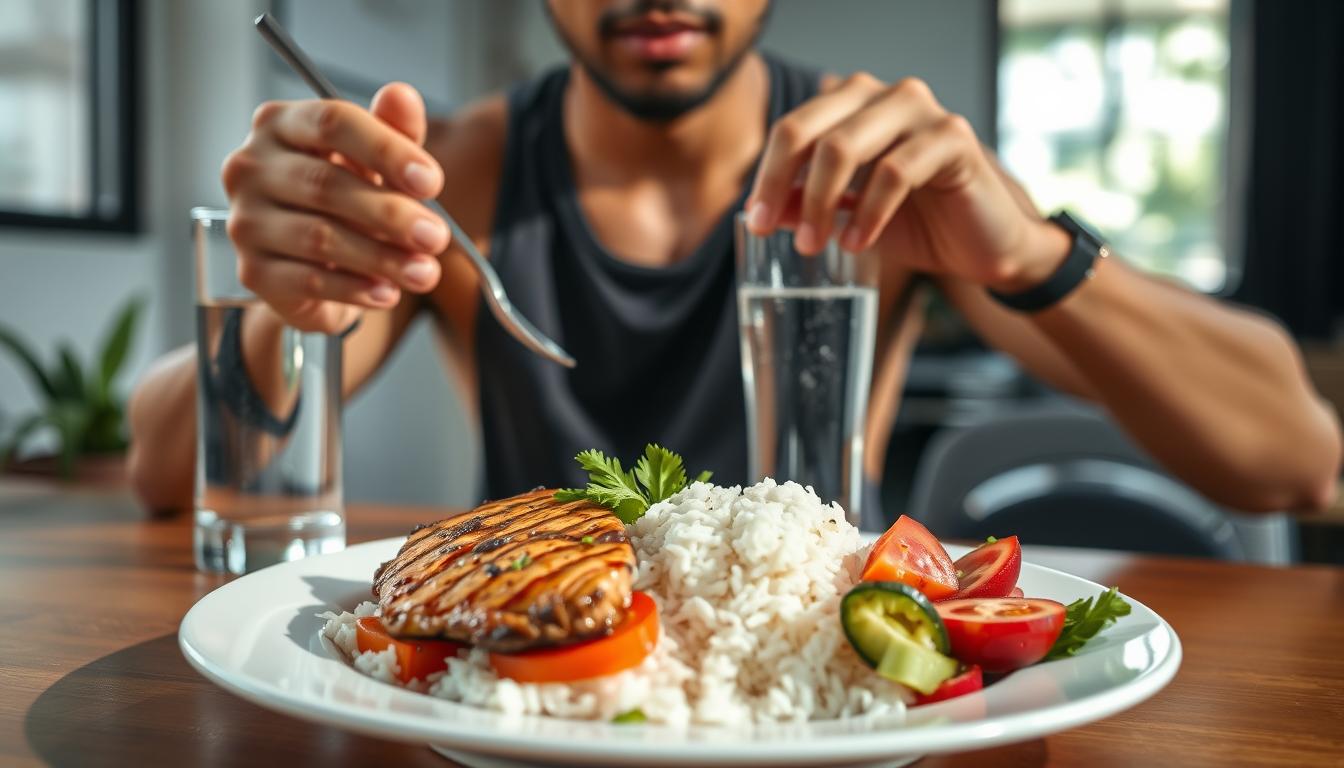 Atlet sedang makan makanan seimbang sebelum berolahraga