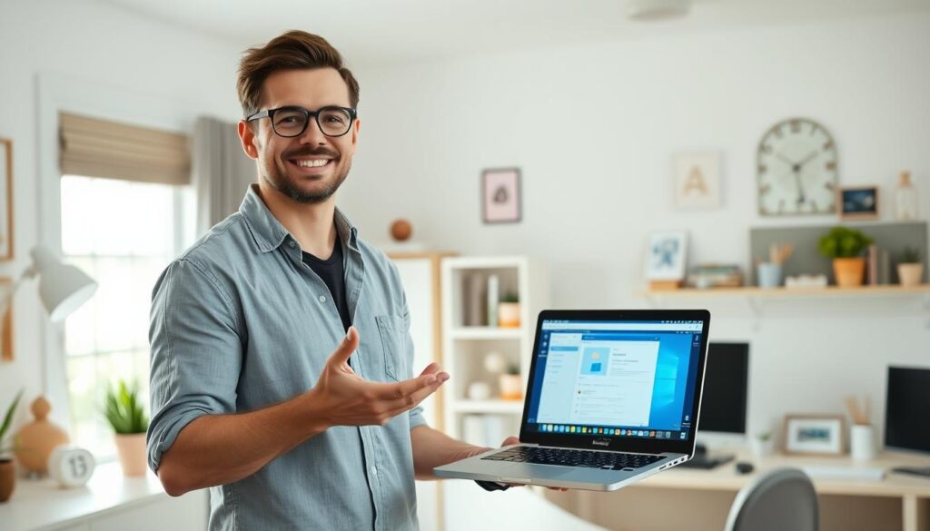 A person standing in a bright, well-lit home office, presenting and demonstrating a software product on a laptop screen. The person is wearing casual but professional attire, with a friendly, engaging expression. The background features a clean, organized workspace with various office supplies and decor, suggesting a productive and efficient environment. The lighting is soft and natural, creating a warm and inviting atmosphere. The overall scene conveys a sense of someone successfully selling a software product from the comfort of their own home.