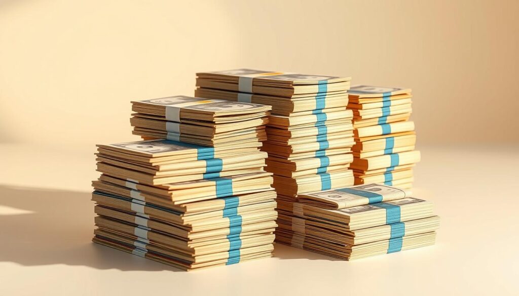 A sophisticated display of stacked currency notes in varying denominations, set against a clean, minimalist background. The bills are arranged in an orderly, yet visually striking composition, highlighting the strategic pricing and licensing models central to the article's subject. Warm, directional lighting casts subtle shadows, creating depth and dimension. The overall mood is one of financial savvy, professionalism, and the potential for lucrative online software sales.