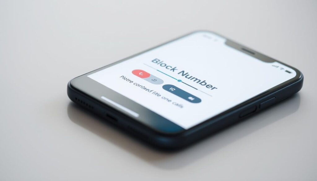 A closeup shot of a smartphone screen showing a "Block Number" interface. The screen is well-lit with a soft, diffused light, creating a clean, minimalist look. The user interface elements like buttons, sliders, and contact lists are clearly visible, with a sleek, modern design. The overall mood is one of efficiency and control, conveying the idea of easily managing unwanted phone calls. The composition places the screen at the center, filling the frame, with a slight angle to create visual interest. The background is blurred, keeping the focus on the smartphone interface.