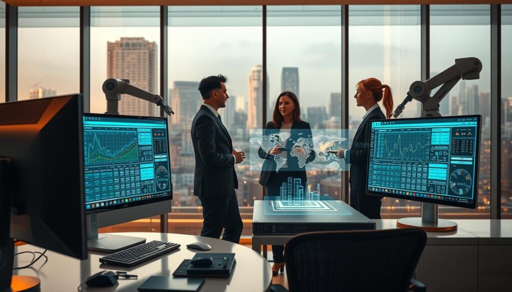 A futuristic office environment showcasing advanced automation technologies. In the foreground, a sleek, modern workstation equipped with dual monitors displaying complex data analytics and robotic process automation software. In the middle, a diverse group of three professionals in smart business attire discussing and collaborating, with a holographic interface projecting data between them. The background features large windows revealing a city skyline, bathed in soft, warm lighting to create an inviting atmosphere. Incorporate elements like robotic arms and AI-powered devices seamlessly integrated into the workspace. The image should evoke a sense of innovation, collaboration, and the modern age of AI-driven automation, captured from a slightly elevated angle to emphasize the high-tech setting.