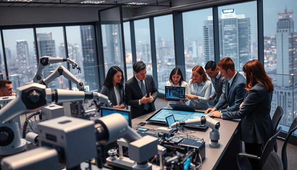 A futuristic office environment showcasing the challenges of implementing automation in business. In the foreground, a team of diverse professionals in business attire is gathered around a table, discussing complex data on digital screens, illustrating collaboration. In the middle ground, robotic arms interact with advanced machinery, emphasizing the integration of technology. The background features large windows revealing a bustling cityscape, symbolizing the fast-paced world of AI and automation. Soft, ambient lighting creates a professional atmosphere, with a focus on cool tones. The camera angle is slightly elevated, capturing the dynamic interactions and the modern workspace, highlighting both human and technological elements while conveying a mood of determination and insight.