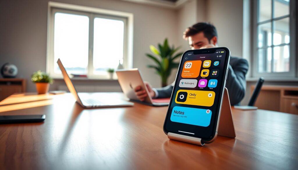 A serene and modern workspace featuring an iOS device displaying a vibrant array of productivity widgets. In the foreground, a clean desk with a polished wooden surface holds the iPhone prominently, showcasing widgets for calendar, reminders, and notes, all in vivid colors. To the side, a professional individual in smart casual attire thoughtfully interacts with the device, exuding a sense of focus and productivity. The middle layer includes a laptop and a potted plant, adding a touch of nature. The background reveals a sunlit window with soft natural light filtering in, casting gentle shadows. The atmosphere is one of inspiration and efficiency, creating a warm yet energizing setting that emphasizes the benefits of using widgets for daily productivity.
