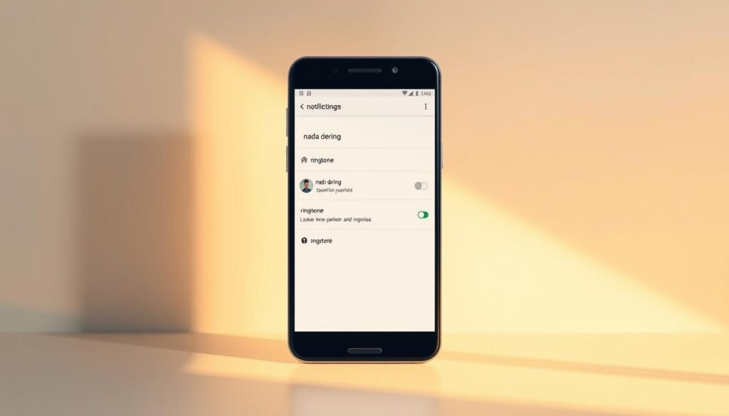 A vibrant and minimalist illustration of a smartphone's notification settings, with a focus on the "nada dering" or ringtone option. The foreground depicts a sleek, modern Android device with a clean, material design interface. The screen displays the notification settings menu, with the "nada dering" option prominently featured. The middle ground showcases a soft, blurred background with subtle textures and gradients, creating a sense of depth and focus. The lighting is warm and natural, conveying a calm and inviting atmosphere. The overall composition and color palette evoke a sense of refinement and simplicity, perfectly complementing the article's subject and section title.