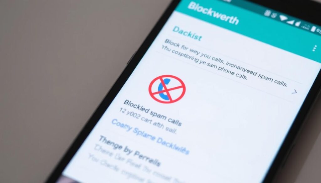 A vibrant smartphone screen displaying a mobile app interface for blocking unwanted spam phone calls. In the foreground, a clear and intuitive user interface with various options for managing call blocklist and settings. The middle ground shows a stylized illustration of a telephone symbol crossed out, conveying the idea of blocking incoming spam calls. The background features a subtle gradient or abstract pattern, creating a modern, minimalist aesthetic. The overall mood is clean, efficient, and focused on providing a reliable solution for spam call protection on a mobile device.