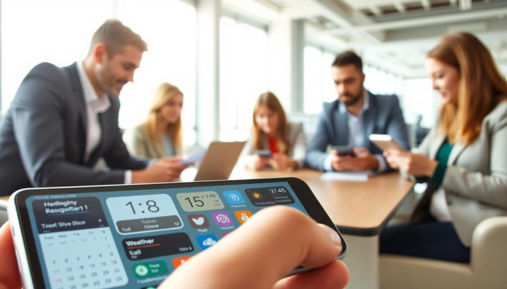 An informative and visually engaging scene depicting common iOS widget problems and their solutions. In the foreground, a close-up view of a smartphone displaying various malfunctioning widgets, such as a calendar widget showing an incorrect date, and a weather widget displaying inaccurate information. The middle ground includes a diverse group of professionals in smart casual attire, gathered around a table, collaborating on troubleshooting solutions with their devices. The background is a modern office environment with soft natural lighting filtering through large windows. The atmosphere is focused and solution-oriented, emphasizing teamwork and creativity in resolving tech issues. The composition should highlight the interaction among the team and the attention given to the widgets on the smartphone screen.