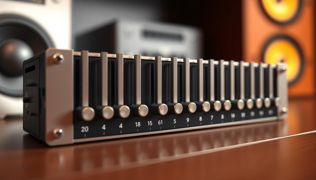 High-quality 3D illustration of an audio equalizer, featuring a sleek and modern design with metallic accents. The equalizer is set against a blurred background, with a warm and slightly desaturated color palette. The focus is on the central equalizer controls, with 10 distinct frequency bands represented by vertical sliders that can be adjusted to fine-tune the sound. The lighting is soft and directional, casting subtle shadows that add depth and dimension to the scene. The overall mood is one of precision, control, and audio optimization.