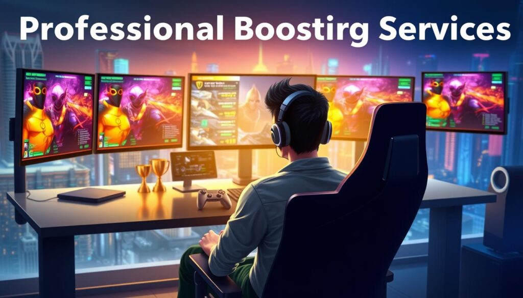 A dynamic and professional digital art illustration showcasing "Professional Boosting Services" in a gaming context. In the foreground, depict a focused gamer sitting at a sleek, modern gaming desk adorned with multiple monitors, showcasing vibrant game graphics and performance statistics. The middle layer features elements such as game controllers, trophies, and a digital scoreboard, emphasizing achievement and skill enhancement. In the background, incorporate a futuristic cityscape or virtual world, illuminated by neon lights, enhancing the gaming vibe. Use dramatic lighting from the monitors and subtle ambient light for a welcoming atmosphere. The overall mood should be motivational and aspirational, highlighting the benefits and excitement of professional boosting services in gaming.
