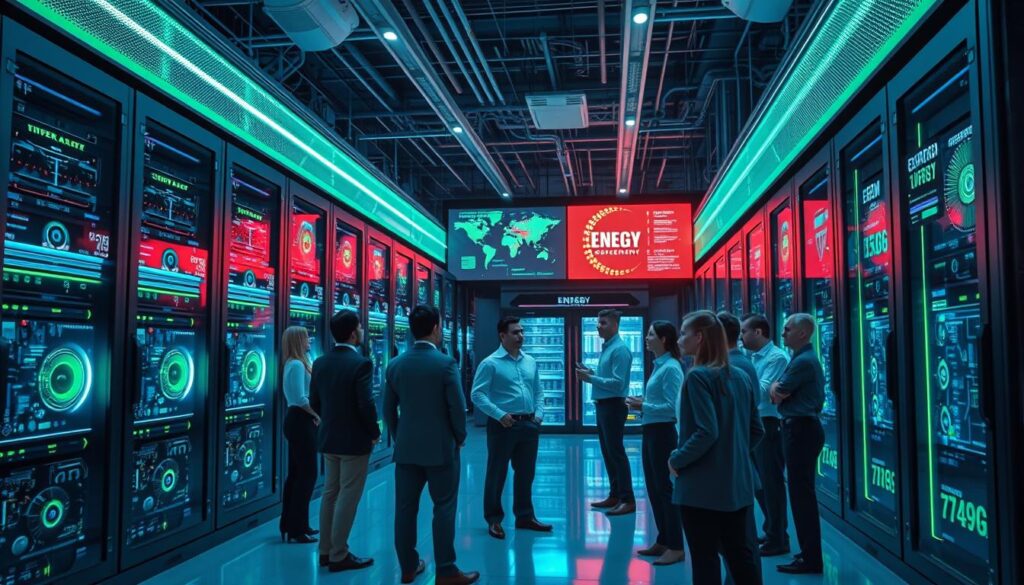 A futuristic data center filled with supercomputing servers, each designed for energy efficiency, illuminated by cool blue and green LED lights. In the foreground, a diverse group of professionals in business attire, discussing the technology behind energy-saving computing. The middle ground showcases high-tech servers with intricate circuitry and glowing components, symbolizing advanced computing power. The background features large digital screens displaying real-time energy consumption metrics and performance statistics. The overall atmosphere is one of innovation and sustainability, emphasizing the harmony between cutting-edge technology and energy conservation. The scene is captured with a slightly elevated angle, enhancing the depth and complexity of the environment.