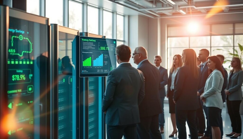 A futuristic scene highlighting the benefits of energy-efficient supercomputing. In the foreground, a diverse group of professionals in business attire gather around a sleek, advanced supercomputer, glowing with soft blue and green lights to symbolize its efficiency. The middle ground features a digital display showcasing charts and graphs representing energy savings and computational power, reflecting the integration of technology and sustainability. The background depicts a modern, eco-friendly office space with large windows allowing natural light to filter in, creating a bright and optimistic atmosphere. A slight lens flare enhances the high-tech vibe, while the overall mood conveys innovation and hope for a sustainable future through advanced computing technology.