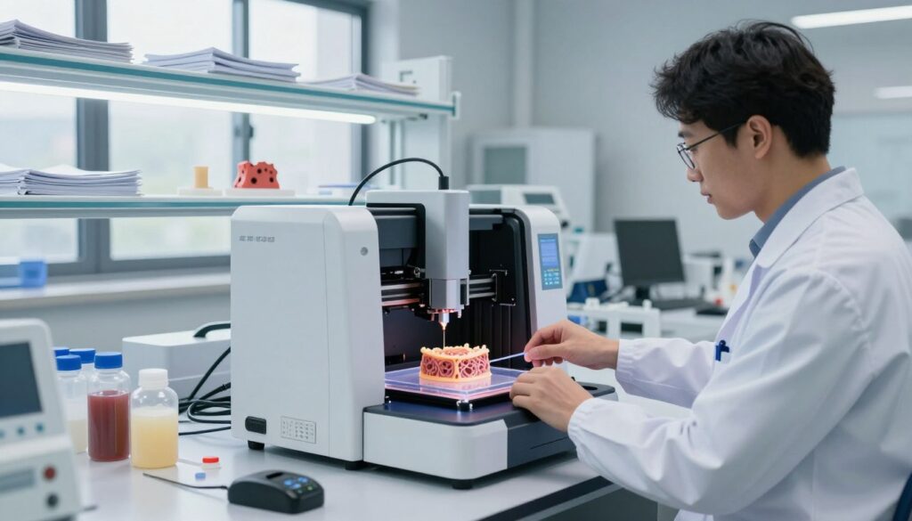 A modern laboratory setting showcases advanced 3D bioprinting technology. In the foreground, a skilled researcher in a professional lab coat carefully operates a bioprinter, with intricate layers of bioink forming a complex tissue structure on a transparent platform. In the middle ground, various bioprinting materials and tools are neatly arranged on a workbench, illuminated by bright LED lighting that highlights their details. In the background, large windows let in natural light, with sleek metal shelves filled with research papers and bioprinting models. The atmosphere is one of innovation and progress, with a focus on scientific exploration in a clean, organized environment. The image should have a sharp focus and a soft depth of field to emphasize the foreground activity.