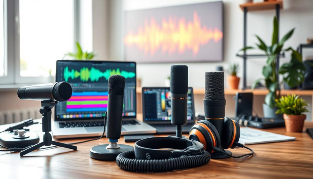 A modern workspace showcasing various audio tools for creating viral content. In the foreground, high-quality microphones, headphones, and a laptop with audio editing software open, all arranged neatly on a wooden desk. The middle layer features colorful soundwave visualizations projected on a screen, illustrating the impact of audio elements on content. In the background, a bright window with natural light flooding in creates an inviting atmosphere, while potted plants add a touch of greenery for a lively feel. The scene should evoke a sense of creativity and professionalism, captured in a warm, soft focus. The lighting is balanced to enhance the vibrant colors of the audio tools, showcasing innovation in content creation.