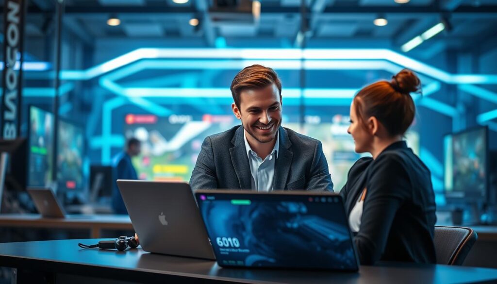 A professional and modern workspace showcasing an online boosting service for video games. In the foreground, a confident game coach, dressed in smart casual attire, is engaging with a customer over a sleek laptop, displaying a game interface on the screen. The middle layer features digital elements like game icons and glowing progress bars, symbolizing tracking of player advancements and boosts. The background displays a futuristic gaming environment with dynamic lighting in shades of blue and green, creating an energetic and motivating atmosphere. Soft focus on the background adds depth and emphasizes the interaction between the coach and the customer. The image conveys trust, professionalism, and excitement about gaming enhancement services.