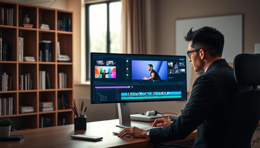 A sleek, modern workspace set up for video editing. In the foreground, a high-definition computer screen displays a vibrant video editing software interface, showcasing colorful timelines and editing tools. To the side, a focused professional in smart casual attire is intently working on the edit, illuminated by soft, diffused lighting that enhances the creative atmosphere. The background features a minimalistic bookshelf filled with creative resources and inspirational materials. Natural light streams in through a large window, casting a warm glow over the workspace. The overall mood conveys productivity and creativity, ideal for illustrating high-quality, free video editing software. The composition highlights technology and innovation in a visually appealing way.
