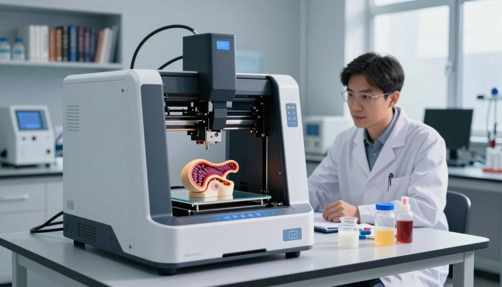 A state-of-the-art 3D bioprinter sits prominently in the foreground, showcasing its intricate components and sleek design. The printer is actively working on creating a human organ model, vibrant and detailed, demonstrating the advanced capabilities of bioprinting technology. In the middle ground, a scientist in professional lab attire looks closely at the bioprinter, with a focused expression, surrounded by various bioprinting materials and tools organized on a modern lab workstation. The background features a softly lit laboratory filled with shelves of biomedical research books and high-tech equipment, giving an atmosphere of innovation and discovery. Natural lighting filters in through large windows, casting soft shadows and highlighting the futuristic technology, creating a sense of hope and advancement in medical science.