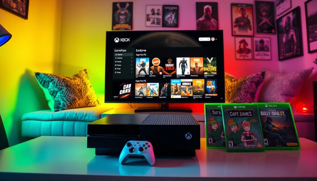 A vibrant and dynamic scene depicting the concept of "Day One Xbox Game Pass," featuring an aesthetically pleasing arrangement of an Xbox console and game titles prominently displayed. In the foreground, an Xbox Series X console sits elegantly on a sleek gaming desk, accompanied by bright, visually appealing game cases of various exclusive titles. In the middle, an illuminated screen showcases the Game Pass interface, with colorful icons representing diverse games available from Day One. The background includes a cozy gaming nook with ambient lighting, soft cushions, and gaming posters, creating an inviting atmosphere. The composition should use bright lighting to emphasize excitement and anticipation, captured from a slightly angled perspective to add depth, inviting viewers into the vibrant gaming world. The overall mood is energetic and immersive, highlighting the advantages of the Game Pass service on both PC and console.