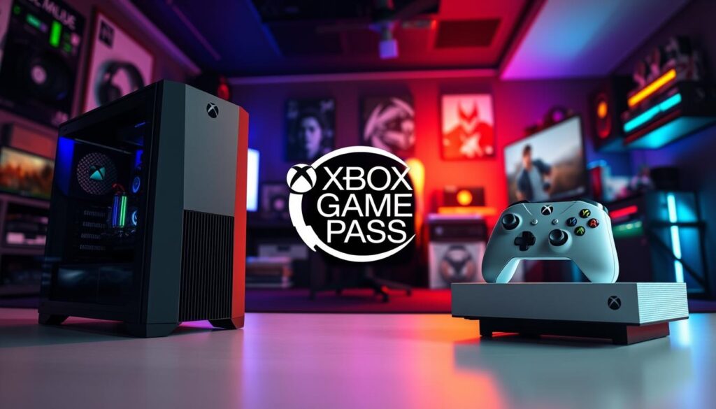 A vivid depiction of an Xbox Game Pass subscription, showcasing both the PC and console aspects. In the foreground, a sleek Xbox console and a gaming PC tower are elegantly displayed with the Xbox Game Pass logo prominently featured between them. The middle ground features a dynamic arrangement of game cases representing exclusive titles, with shadows creating depth. In the background, a stylish gaming room ambiance is illustrated, complete with ambient lighting that casts a mood of excitement, emphasizing a variety of gaming peripherals and colorful LED accents. The perspective is slightly angled to create a sense of depth, and the lighting is warm and inviting, enhancing the atmosphere of gaming enjoyment and community. The overall mood is exhilarating yet professional, embodying the essence of modern gaming.