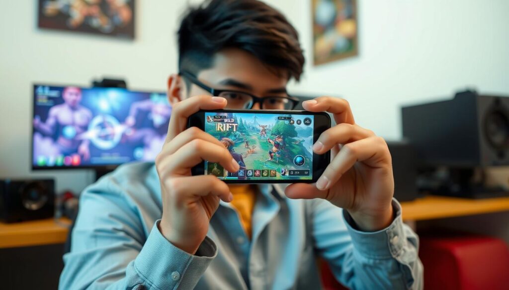 Gambar seorang pemain Wild Rift yang sedang bermain di ponsel