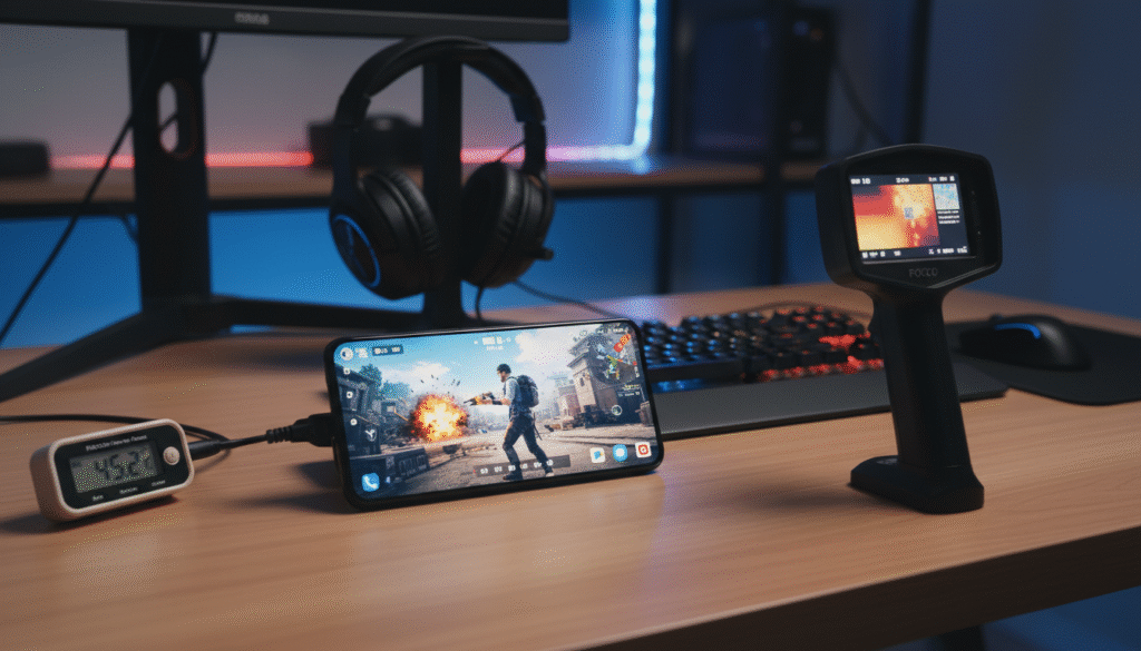 A detailed thermal testing scene featuring the POCO X6 Pro smartphone positioned centrally on a sleek, modern wooden desk. In the foreground, the phone's screen shows a vibrant, high-action scene from PUBG Mobile, emphasizing its gaming capabilities. Surrounding the phone are temperature monitoring tools like a digital thermometer and thermal camera, showcasing the heat levels while gaming. The middle ground includes a stylish gaming headset and an RGB mechanical keyboard, enhancing the gaming atmosphere. The background is softly blurred with ambient lighting that simulates a gaming setup, incorporating hints of LED lights. The overall mood is intense yet focused, conveying the serious nature of thermal testing in gaming. The image is captured at a slight downward angle with soft lighting to emphasize detail and mitigate glare. A detailed thermal testing scene featuring the POCO X6 Pro smartphone positioned centrally on a sleek, modern wooden desk. In the foreground, the phone's screen shows a vibrant, high-action scene from PUBG Mobile, emphasizing its gaming capabilities. Surrounding the phone are temperature monitoring tools like a digital thermometer and thermal camera, showcasing the heat levels while gaming. The middle ground includes a stylish gaming headset and an RGB mechanical keyboard, enhancing the gaming atmosphere. The background is softly blurred with ambient lighting that simulates a gaming setup, incorporating hints of LED lights. The overall mood is intense yet focused, conveying the serious nature of thermal testing in gaming. The image is captured at a slight downward angle with soft lighting to emphasize detail and mitigate glare.
