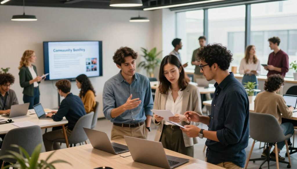 A dynamic scene depicting a welcoming technology community gathering, centered around a group of diverse individuals engaging enthusiastically while standing in a modern, well-lit co-working space. In the foreground, three professionals, dressed in smart casual attire, are collaborating over laptops, sharing ideas about joining a tech community. In the middle ground, other members participate in an interactive workshop, with digital screens displaying community benefits like networking, events, and resources. The background features sleek furniture and contemporary decor, with large windows allowing natural light to flood the space. The atmosphere is warm and inviting, filled with a sense of camaraderie and innovation. The image is composed with a slight tilt for a dynamic angle, highlighting the vibrancy of the tech community.
