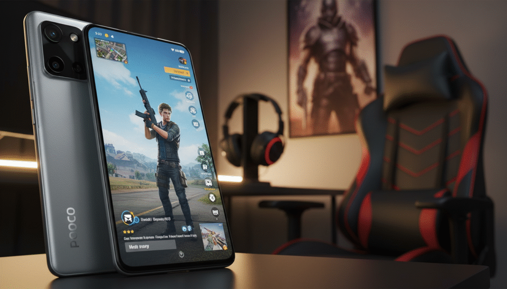 A sleek and modern POCO X6 Pro smartphone prominently featured in the foreground, showcasing its vibrant display lit up with colorful graphics from a PUBG Mobile game. The device is presented at a slight angle to highlight its design and gaming performance features. In the middle ground, a blurred gaming setup includes a stylish headset and a subtle gaming chair, enhancing the immersive experience. The background is a softly lit room with a gaming poster on the wall, creating a dynamic and engaging atmosphere. The lighting is warm and focused, emphasizing the phone's vibrant screen. The overall mood conveys excitement and enthusiasm for mobile gaming, suitable for gamers looking for performance and style. A sleek and modern POCO X6 Pro smartphone prominently featured in the foreground, showcasing its vibrant display lit up with colorful graphics from a PUBG Mobile game. The device is presented at a slight angle to highlight its design and gaming performance features. In the middle ground, a blurred gaming setup includes a stylish headset and a subtle gaming chair, enhancing the immersive experience. The background is a softly lit room with a gaming poster on the wall, creating a dynamic and engaging atmosphere. The lighting is warm and focused, emphasizing the phone's vibrant screen. The overall mood conveys excitement and enthusiasm for mobile gaming, suitable for gamers looking for performance and style.