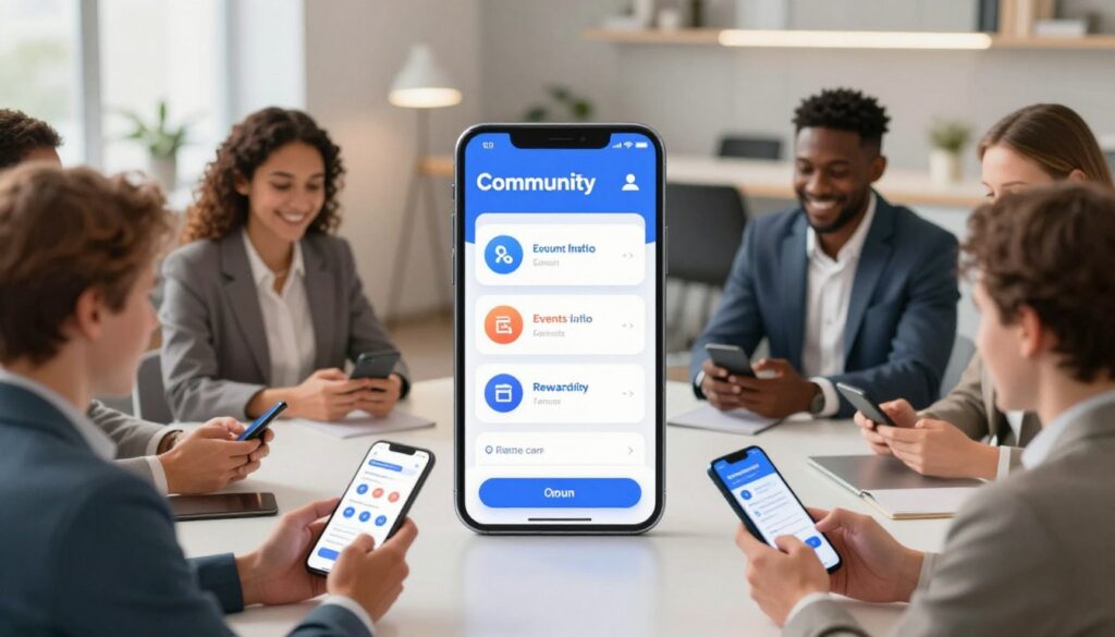 A vibrant digital illustration showcasing the key features of a community application set within a modern tech environment. In the foreground, a diverse group of users engages with their smartphones, depicted in professional business attire, smiling and interacting with the app interface. The middle ground features a sleek, user-friendly interface displayed on the devices, highlighting icons representing exclusive benefits such as events, rewards, and forums. The background includes a stylish, minimalistic workspace with soft ambient lighting that creates a welcoming atmosphere. The overall mood is energetic and inviting, emphasizing connection and community. The composition should use a slightly elevated angle for a dynamic perspective, focusing on the interaction between users and their devices, without any text or overlays.